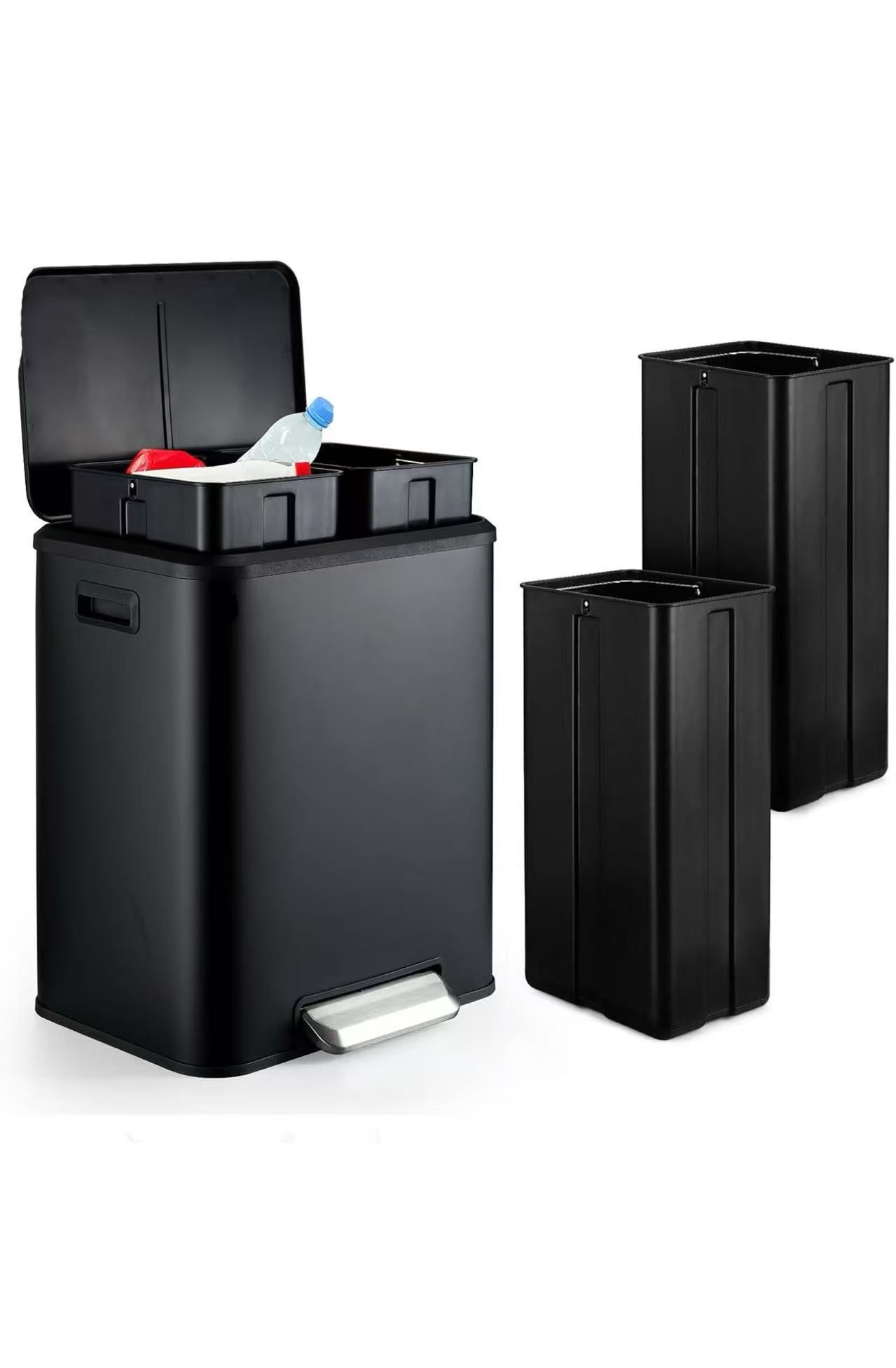 Black Kitchen Dual Step Trash Can & Recycle Bin with Soft Close Lid, Touchless Trash Can with Foot Pedal and Inner Bucket, Garbage Bin Kitchen - 8 Gal