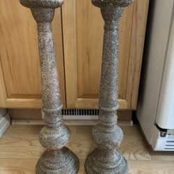 Pair Of Decorative Pillar Candle Holders - Brown / Beige Speckled Glitter