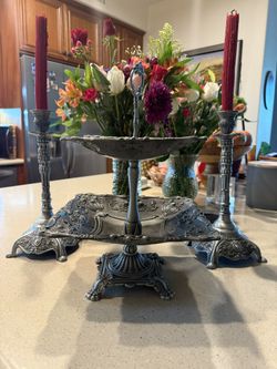 Vintage Candlesticks and two-tiered serving tray or etagere stand