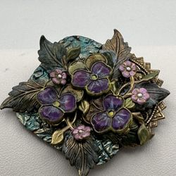 Vintage Bronze Purple Lilac Flower Brooch Pin Colorful Great Condition 