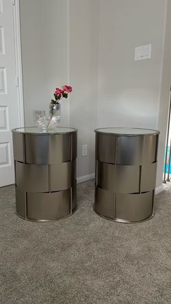 Pair of Round Drum Nightstands with Glass Top
