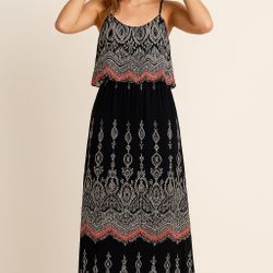 Magic | Navy Blue Print Boho Maxi Dress – Sleeveless Spaghetti Strap, Sheer Overlay, Lined Size 2X  