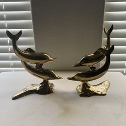 2 Set of Vintage Golden Brass Pair of Dolphins Sculpture, on a brass stand. Free Shipping. 11.25in x 8.5"x 5" deep
