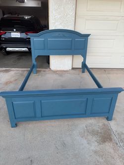 Newly refinished Blue Queen Size Bed with Carved Detail