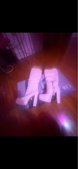 J Lo cream color 5 inch heel boots