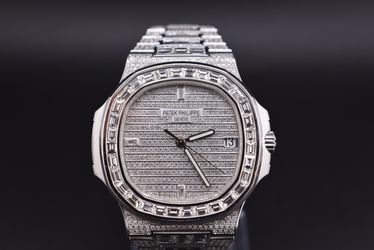 Patek Philippe 18k White Gold Nautilus Aftermarket Full Natural Diamonds - 5711