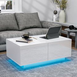 New Modern White Gloss Finish Coffee/ Cocktail Table with  LED Lights and 4 Drawers