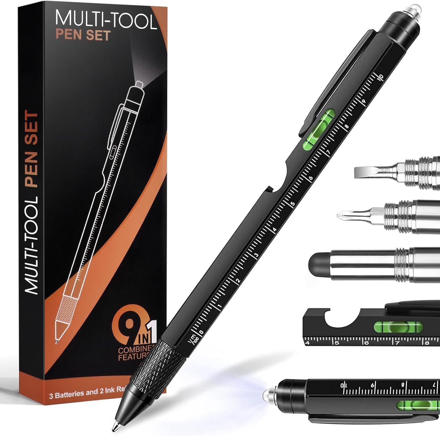9 in 1 Multi-tool Men’s Pen Set Led Light, Stylus, Screwdriver, Rulers, Level