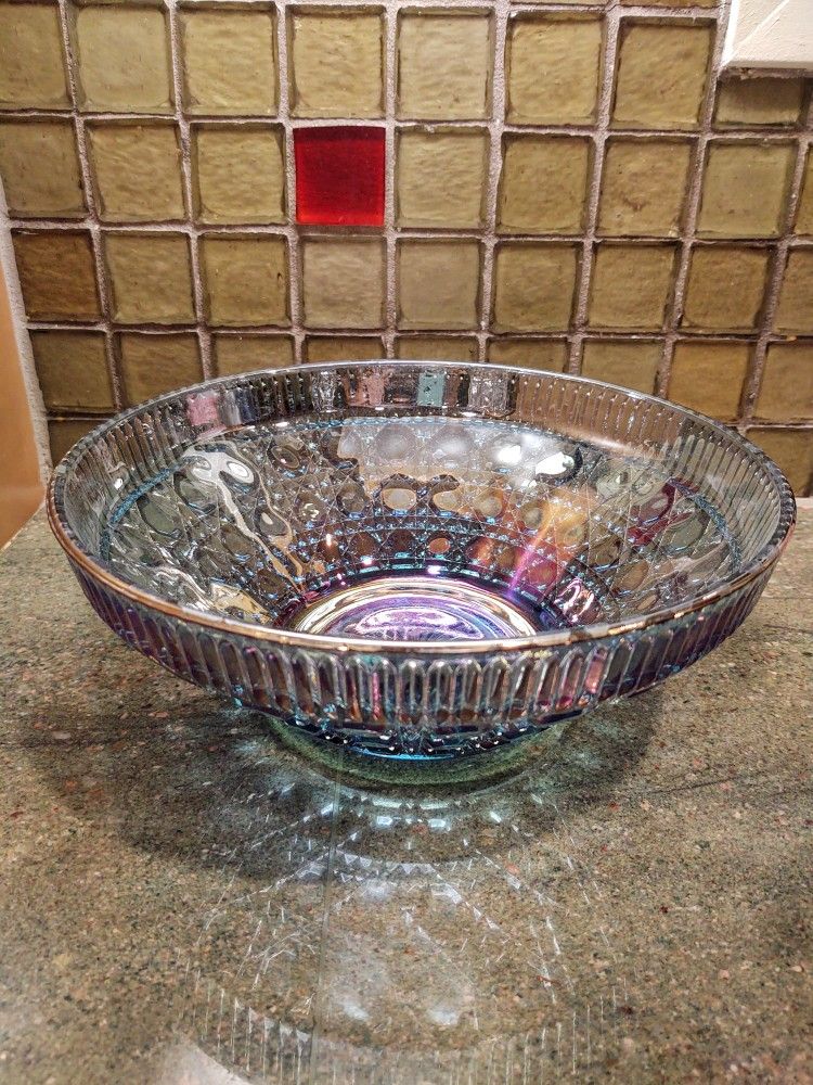 Vintage Carnival Glass Bowl And Hand Painted Hurricane Vase