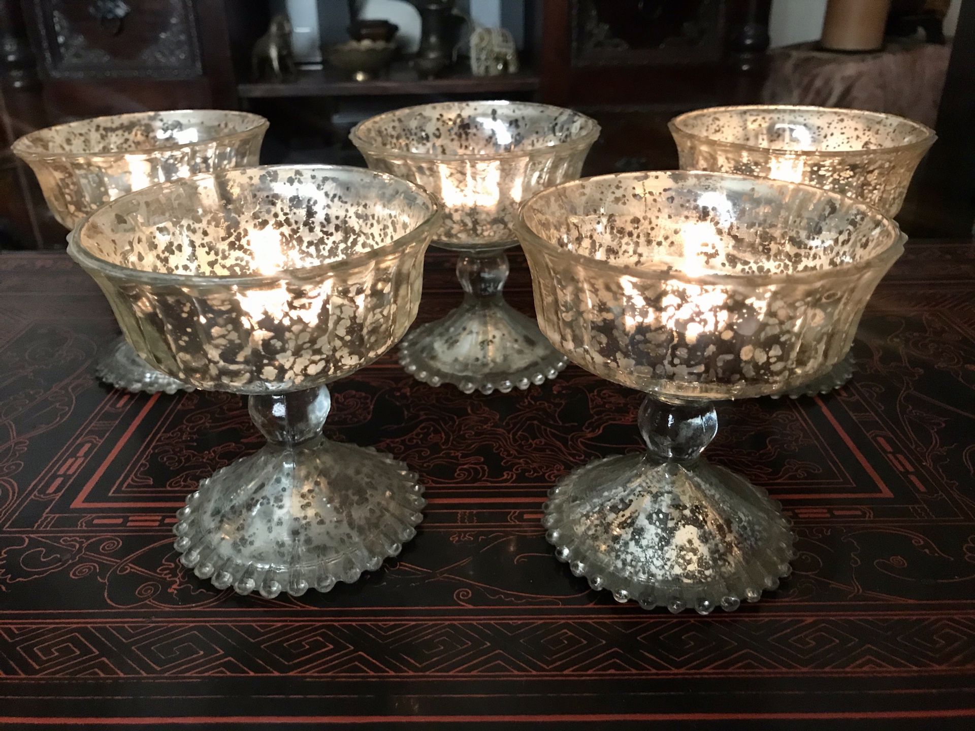 Lot of 8 Silver Mercury Glass Votive Candle Holders / Flower Vases / Pedestal Bowls