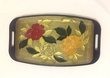 Vintage Shirokiya Japan serving tray gold red yellow flowers black handles