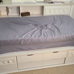 White Girls Bed Trundle Twin Book Shelf & Storage MEMORY FOAM Mattress 