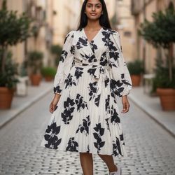 Women’s Floral Wrap Dress – Black & White – Flowy & Elegant