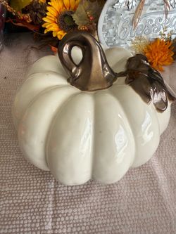 Thanksgiving / Fall White Ceramic Pumpkin Decor with Bronze Stem