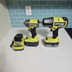 RYOBI ONE HP IMPACT WRENCH BRUSHLESS 18V 4-MODE 1/2 1,170 FT-LBS BREAKAWAY TORQUE & RYOBI ONE +18V BRUSHLESS 4-MODE IMPACT DRIVER INCLUDED (2) BATTERI
