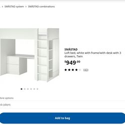 SMÅSTAD
Loft bed, white/pink with frame/with desk with 3 drawers, Twin