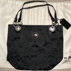 Coach Alex Signature Logo Canvas Black Leather Shoulder Bag Tote Purse #14449