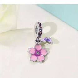 x1 Pink Butterfly And Flower 3-in-1 Alloy Pendant DIY New
