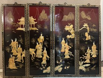 Mid Century Asian Black Lacquer and Mother of Pearl Wall Panels- Set of 4