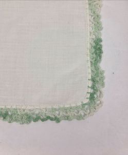 Vintage White Linen Handkerchief Green Hand Crocheted Lace Trim Pocket Square