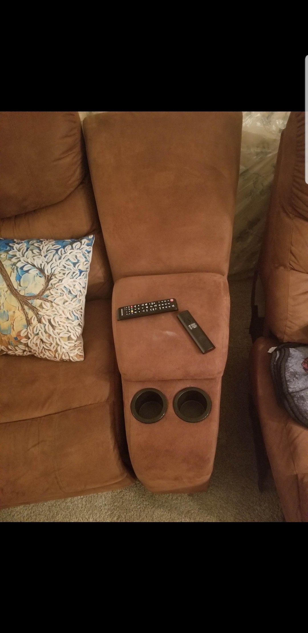 Orange brown suede couch