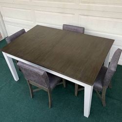 LIKE NEW 5-PC AESTHETIC SOLID WOOD DINING SET (TABLE WITH EXTENSION LEAF AND 4 WIDE PADDED CHAIRS)