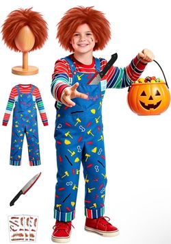 7 Size | 2Y~14Y | Wig | Costume | Tattoos | Knife】Chucky Costume for Kids Chucky Wig Chucky Costume for Kids Fake Knife Jumpsuit Long Sleeve Rainbow S