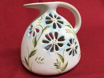 Ceramic Watering Pot Can Tea Light Holder Votive w/ Flower Cutouts 5 1/2" tall