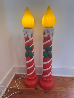 Pair Of 36” Vintage TPI Candy Cane Stripe & Holly Christmas Candle Blow Molds