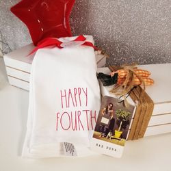 Rae Dunn 2 Kitchen Towels Set Patriotic Happy Fourth 4th July Red White Blue  & USA