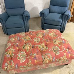 Two Blue Recliner Chairs + Large Tufted Ottoman (Set)