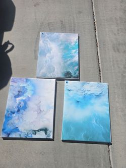 Set of 3 Abstract Ocean Canvas Paintings