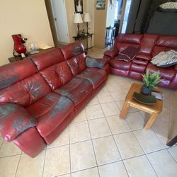 (2) Recliner Couch Leather Maroon/Red 