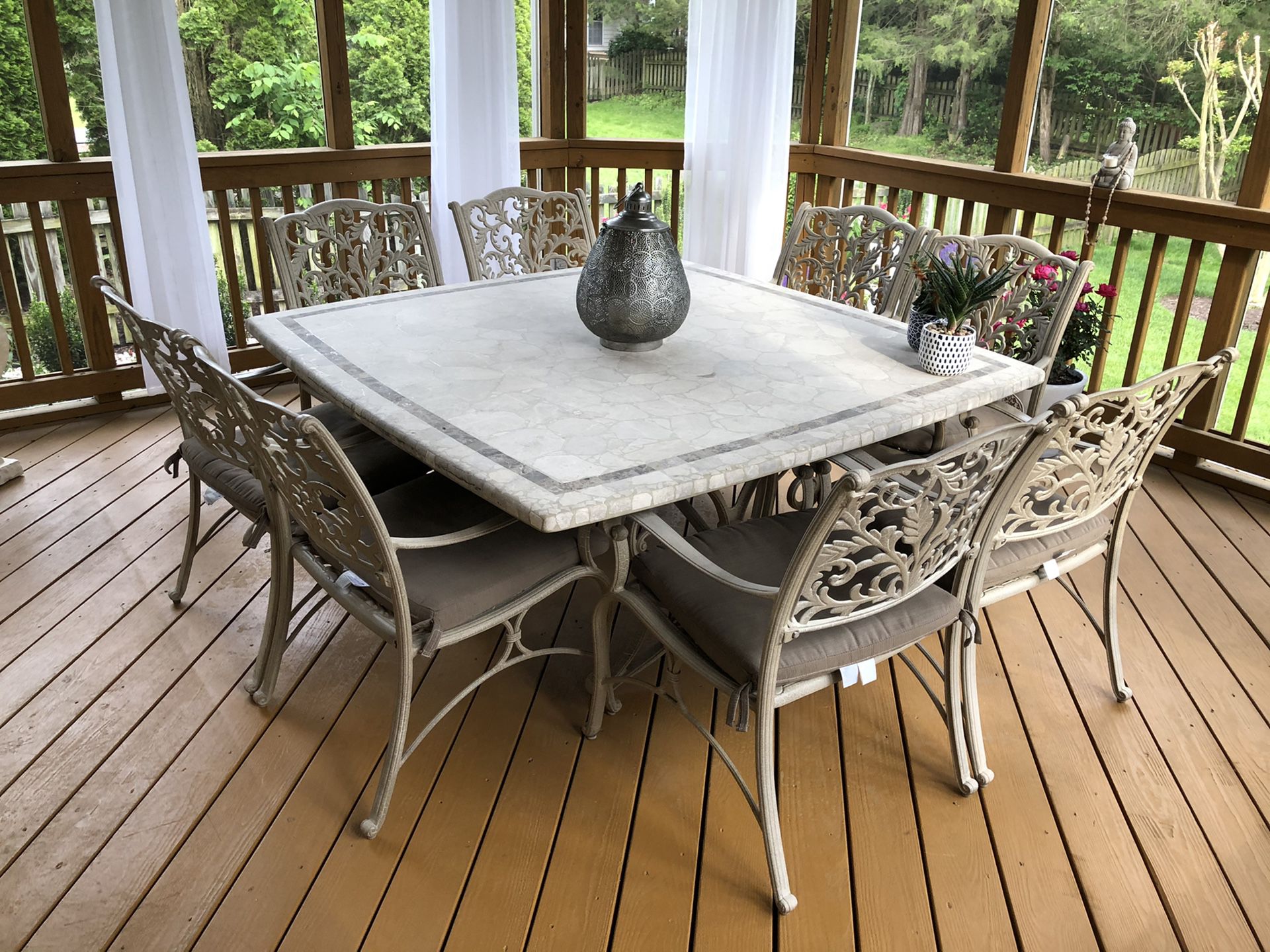 Outdoor Patio Set (Table, Umbrella, and 8 Cushion Chairs)