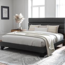 King Platform Bed with Fabric Upholstered Headboard