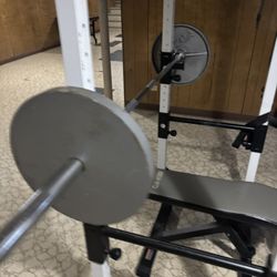 Squat Rack Weight Bench Pull Up Bar Pull Down Cables 