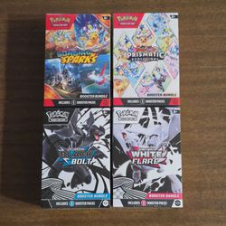 Pokemon Cards Scarlet and Violet Prismatic Evolutions, Black Bolt, White Flare and Surging Sparks Booster Bundles