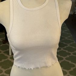 Forever 21 Women’s Size Medium White Ribbed Cropped Tank Top Lettuce Hem