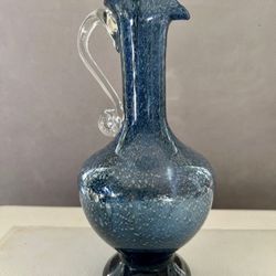 Vintage Murano (?) Blue Glass Glass Pitcher Bubbled Swirl Glass Handle 11”