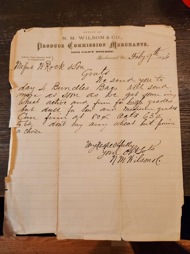  1874 Richmond VA Re: Produce & Prices Letter Good Content! (Transcribed)