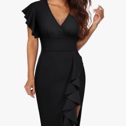 Women's  plus size Deep-V Neck Ruffle Sleeves Cocktail Party Pencil Slit Formal Dress