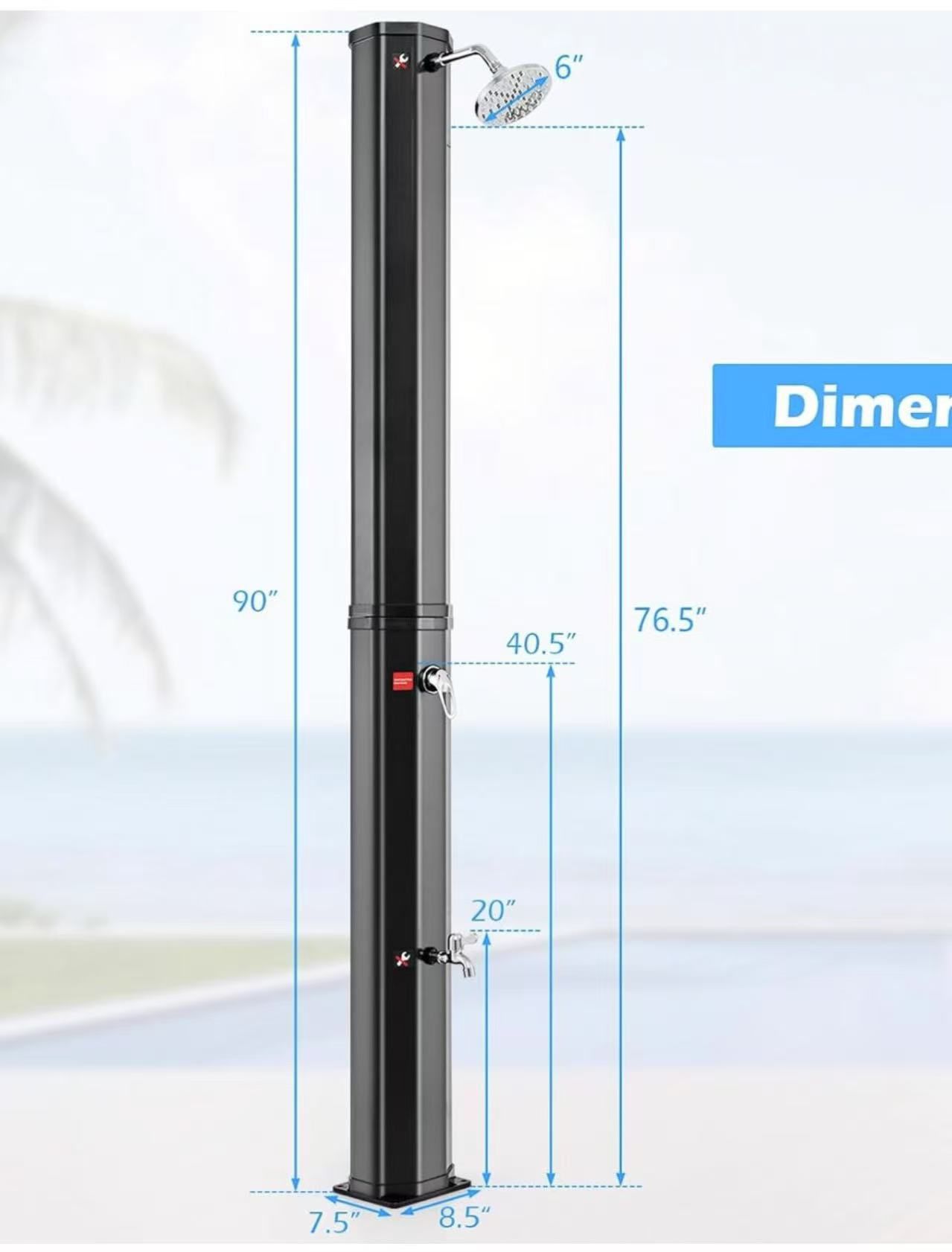 🥨15.9 Gallon Solar Heated Outdoor Shower, 7.5 FT Freestanding Outdoor Shower with Shower Head and Foot Shower Tap for Outdoor Backyard Poolside Beach