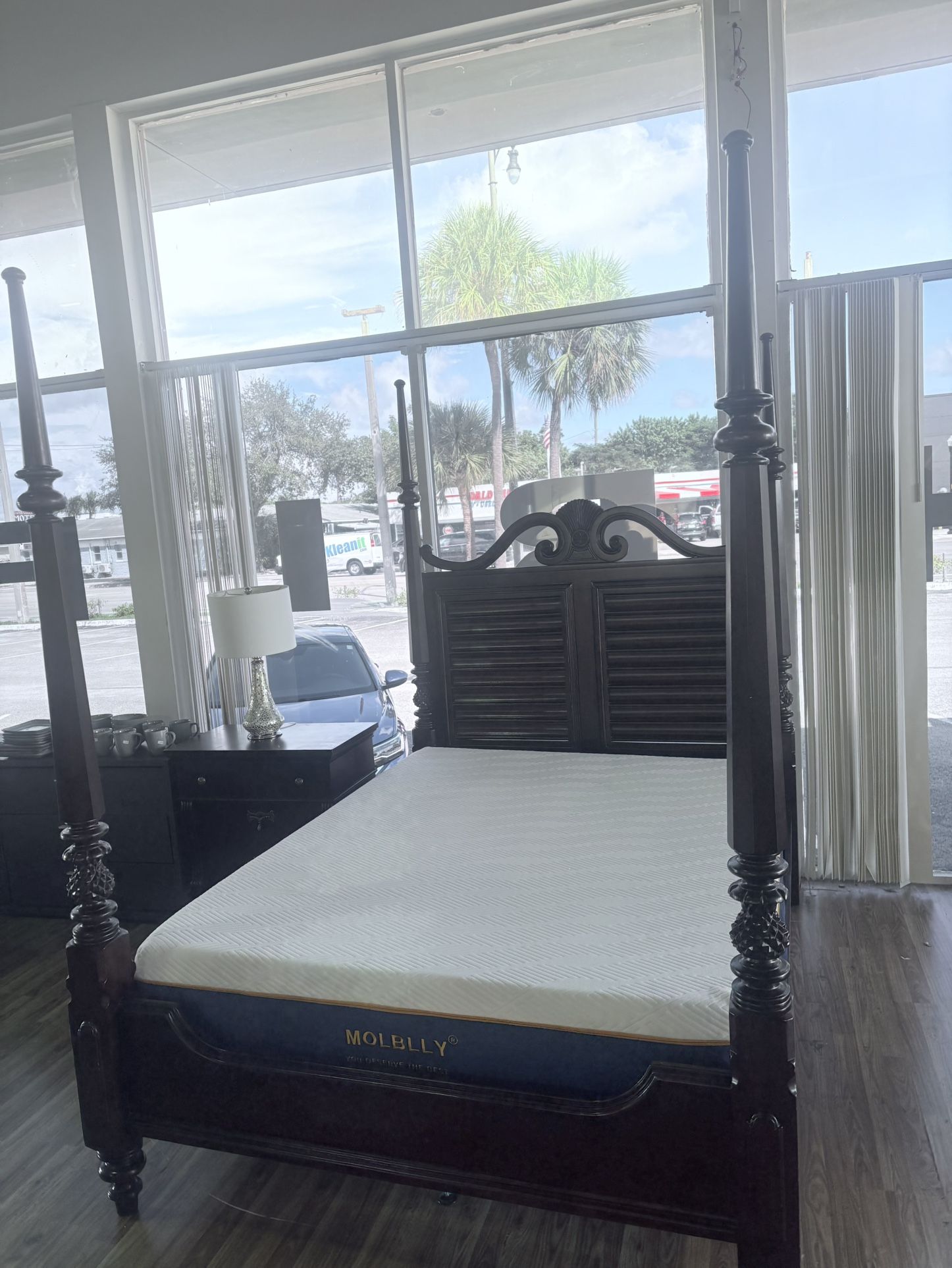 Dark Wood Four-Poster Queen Bed Frame + Mattress
