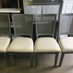 Antique Grey Beige Linen Rattan Back Dining Chairs     4 Piece  New It’s Already Assembled 