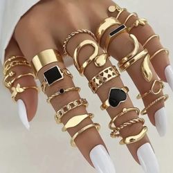 27pcs Set Gold Gothic Punk Rings ,  Minimalist Punk Love Butterfly Snake Leaf Square Twist Irregular Open Oil Drop Rings jewelry Boho grunge Rock Emo