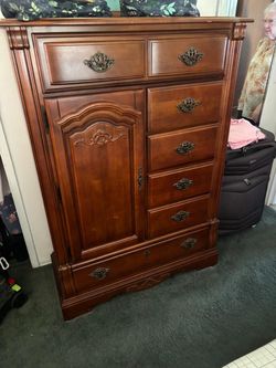 Vintage solid wood wardrobe chest with six  drawers and horizontal storage room . 18” depth , 40” wide, 58 “ high . $125