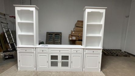 4-Piece White Wood Entertainment Center TV Stand with Tempered Glass Door TV Console, Bookshelves for TVs up to 57 in. $450