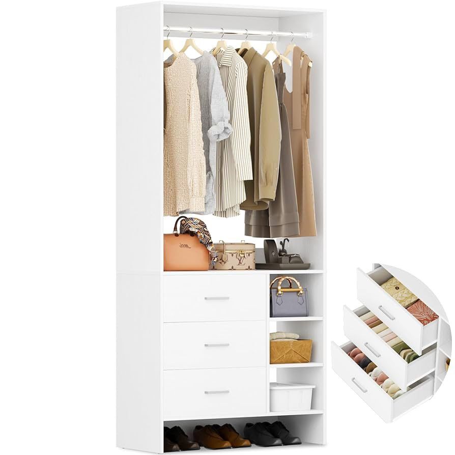 2.5FT Closet System with 3 Drawers, 29.5’’ Closet Organizer, Wood Closet Organizer System, Walk-in Closet or Small Closets Wardrobe, Clothes Rack with