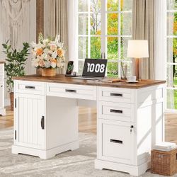 New 55'' Farmhouse Desk Home Office with Drawers, Executive Computer Desk Wooden with File Cabinet and Charging Station