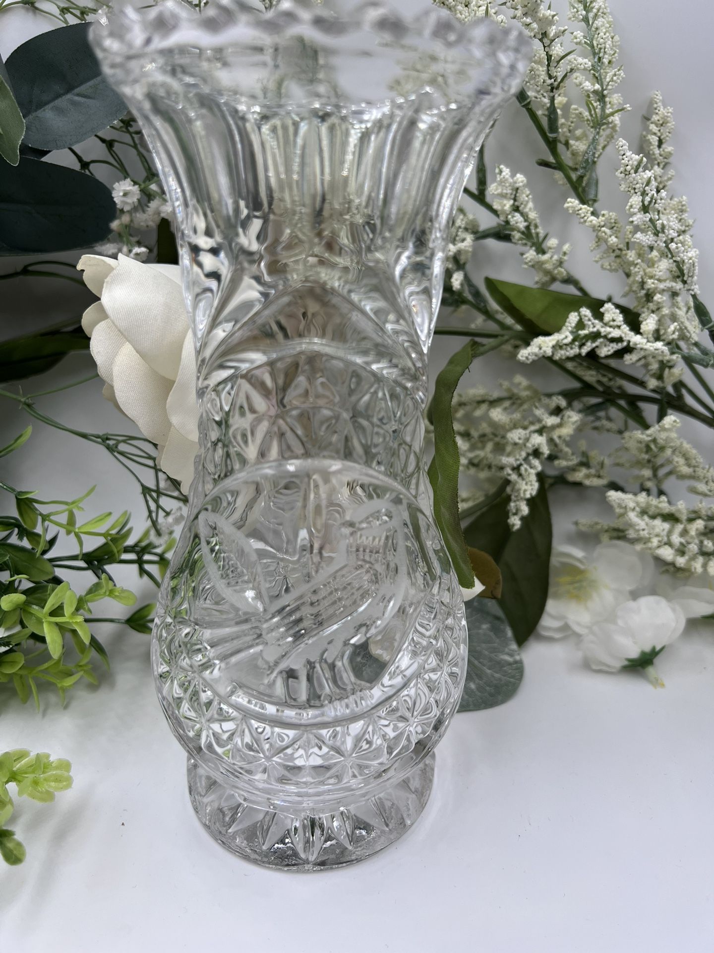 Vintage Pressed Glass Bird Vase – Hofbauer “Byrdes” Style Cut Crystal Look – Clear Decorative Vase